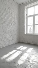 Poster - Bright interior with white painted brick wall and window casting shadows on the floor in a minimalist space with natural light and clean aesthetic