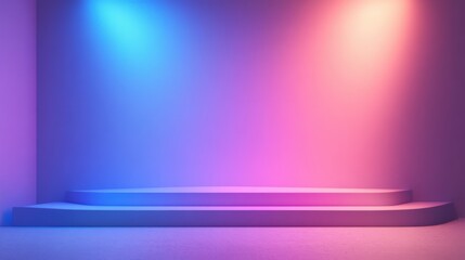 Poster - Elegant stage platform illuminated by vibrant pink and blue spotlights creating a captivating presentation space for product display or artistic performance
