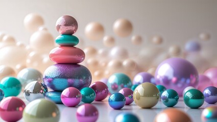 Poster - colorful glass spheres and shapes arranged in a playful display in a soft-lit environment
