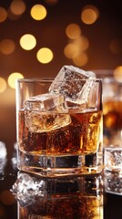 Poster - Whiskey glass with ice cubes on reflective surface and bokeh lights in the background for a warm and inviting atmosphere perfect for bar or restaurant