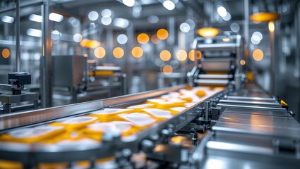 Poster - industrial conveyor belt carrying products in a factory illuminated by bright lights
