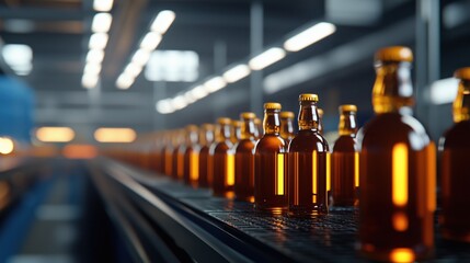 Poster - modern food production plant featuring glass bottles conveying fresh beverage manufacturing process 