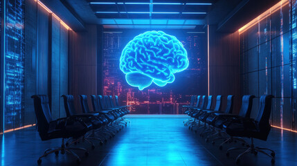 Poster - cutting-edge laboratory featuring advanced neurotechnology with a holographic brain at the center, i