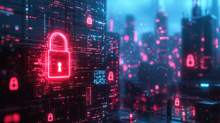 Aufkleber - Futuristic Cityscape with Digital Padlocks and Security Icons: A Vision of Privacy and Protection in a Connected World.
