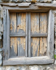 Poster - Rustic weathered wooden window shutters on a stone wall evoking age history and rural charm in a vintage style capturing architectural detail