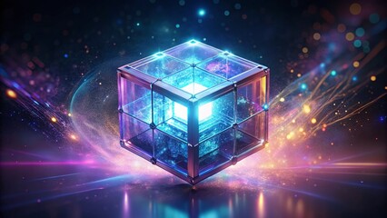Poster - Futuristic Holographic Energy Cube with Floating Translucent Effects - Bokeh Background Stock Photo