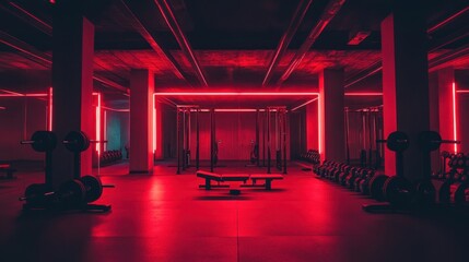 Poster - Modern gym interior with red neon lighting creating a futuristic fitness atmosphere for intense workout and strength training equipment