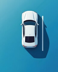 Poster - Aerial View of a Sleek White Car Perfectly Parked in a Blue Parking Spot Casting a Long Shadow Modern and Minimalist Design