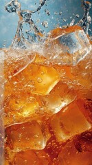 Poster - refreshing amber beverage with ice cubes and splashing water for summer refreshment and cool drink c
