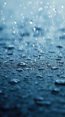 Poster - Serene Raindrops Falling on Pavement Creating a Reflective Surface in a Moody Blue Tone with a Low Angle Shot for Dramatic Effect