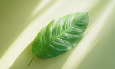 Minimalist vibrant green leaf illuminated by soft natural sunlight with visible veins emphasizing its organic texture and color