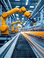 Poster - Robotic arms in modern factory setting with motion blur showcasing automation and precision engineering in a technological environment