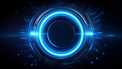 Aufkleber - Bright blue neon ring floating in dark, moody atmosphere. High tech, cyberpunk style, digital art