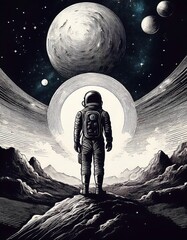 Wall Mural - Engraved artwork of an astronaut gazing at galaxies with retro space themes. Generative AI