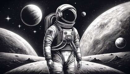 Wall Mural - Engraved artwork of an astronaut gazing at galaxies with retro space themes. Generative AI