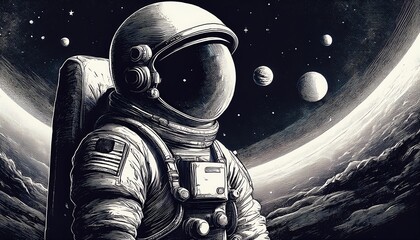 Wall Mural - Engraved artwork of an astronaut gazing at galaxies with retro space themes. Generative AI
