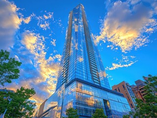 Poster - Striking skyscraper rising against a vibrant blue sky with golden clouds urban architecture photography