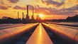 © MKS - The petrochemical industry, also known as the oil and gas refinery, is shown after sunset with illuminated factory pipes and chemical petroleum buildings, emphasizing themes of power, steel, and