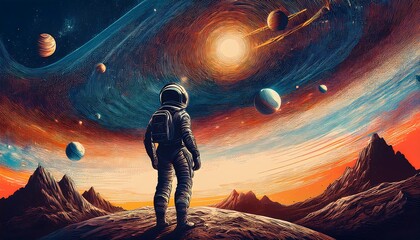 Wall Mural - Engraved artwork of an astronaut gazing at galaxies with retro space themes. Generative AI