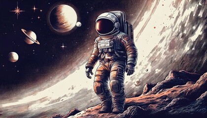 Wall Mural - Engraved artwork of an astronaut gazing at galaxies with retro space themes. Generative AI
