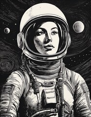 Wall Mural - Engraved artwork of an astronaut gazing at galaxies with retro space themes. Generative AI