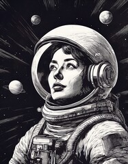 Wall Mural - Engraved artwork of an astronaut gazing at galaxies with retro space themes. Generative AI