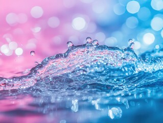 Poster - Captivating water splash against a vibrant pink and blue bokeh background evoking freshness purity and motion in a dynamic shot