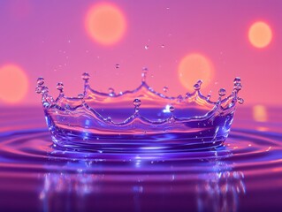 Poster - Captivating Water Crown Splash in Vibrant Purple and Pink Hues Reflecting Light with Bokeh Background