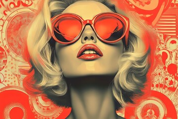 Poster - Digital artwork with a retro twist showcases a grayscale portrait of a woman with a vintage hairstyle and glasses, set against a vibrant orange and abstract patterned background