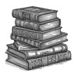 stacked pile of vintage books with ornate covers, representing knowledge, literature, and history sketch engraving generative ai vector illustration. Scratch board imitation. Black and white image.
