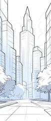 Poster - A deserted city street, featuring high-rise blue and white buildings in the background