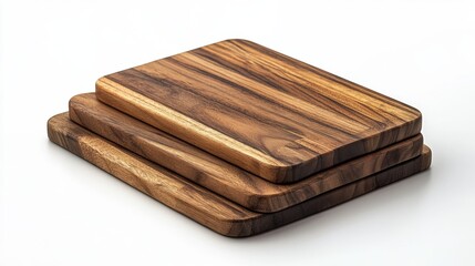 Poster - Stack of Three Rustic Wooden Cutting Boards on White Background Natural Wood Grain Texture Kitchenware