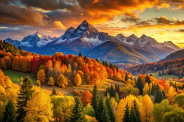 Wall Mural - Majestic mountains ablaze with golden hour light, vibrant autumn foliage paints a breathtaking landscape.