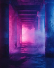 Poster - Eerie concrete tunnel illuminated with vibrant neon lights and mysterious smoke creating a surreal atmosphere and depth