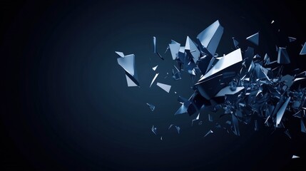 Abstract shattered metallic fragments exploding on dark background.