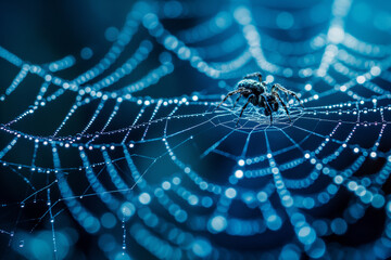 Spider on a Web with Dew Drops Close Up. Generative AI