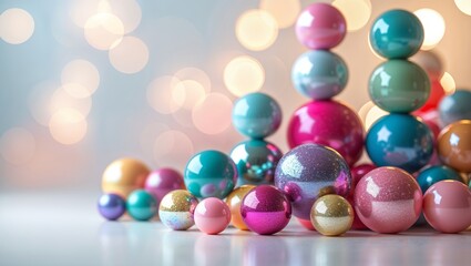 Poster - Colorful decorative spheres stacked artistically create a vibrant display against soft, blurred background lights