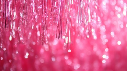 Poster - Radiant Pink Tinsel Cascade Sparkling with Festive Cheer and Joyful Celebration in a Dreamy Abstract Backdrop