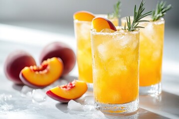 Poster - Refreshing peach cocktail with ice and rosemary sprig on bright marble surface summer vibe perfect for stock photo
