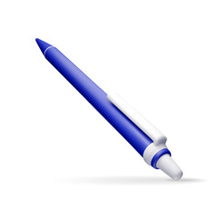 Poster - 3D detailed classic ballpoint pen isolated on white. Render blue pen with button. Office and school equipment, stationery. Vector illustration