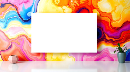 Poster - a vibrant, abstract background with a blank canvas. There is a small potted plant on the right side of the image and vase