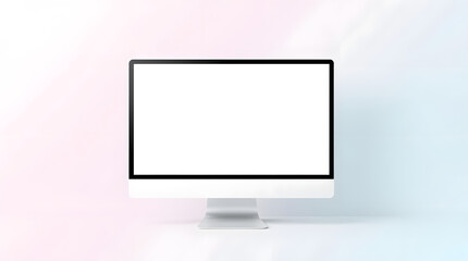 Poster - a modern desktop computer with a blank screen sits in front of a gradient background. The sleek design of the computer is in sharp contrast to the colorful setting