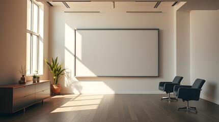 Aufkleber - a modern room with a projector screen and two armchairs. Natural light streams in from a large window, illuminating the room