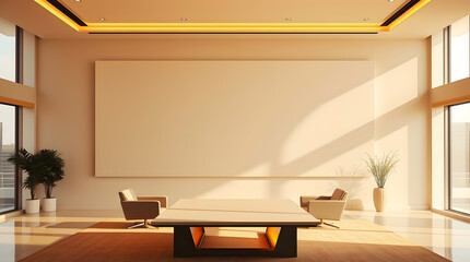 Poster - a modern meeting room with large windows and a blank screen, creating a bright and welcoming atmosphere. The room is well-lit and features a long conference table and comfortable chairs