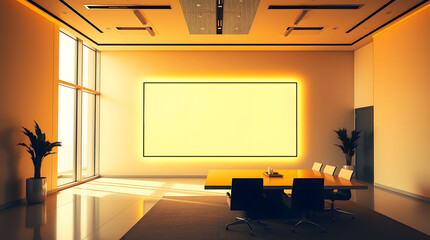 Poster - an empty modern office space with an eye-catching display screen, ready for presentations. The room is bathed in warm lighting, enhancing the inviting ambiance