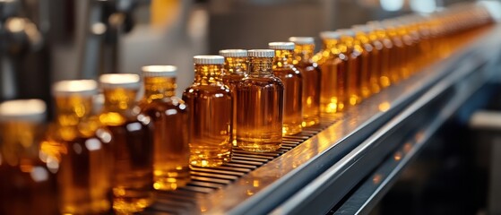 Poster - Row of amber glass bottles filled with liquid on a conveyor belt in a pharmaceutical factory industrial production line