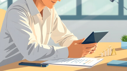 Poster - a person focused on a tablet in a bright office environment. A pen and document are on the desk