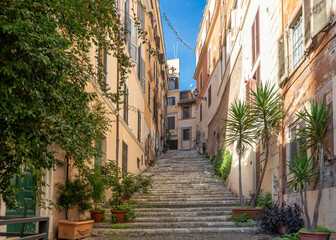 Naklejka na meble Old cozy street with stairs and plants in Rome, Italy