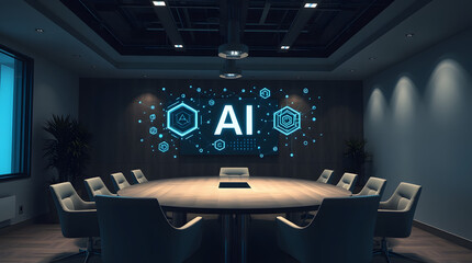 Aufkleber - a modern conference room with an 'AI' display on the wall, centered above the large oval table, with chairs arranged around it 