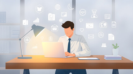 Poster - a businessman focused on working with laptop, and with many virtual icons floating above his head